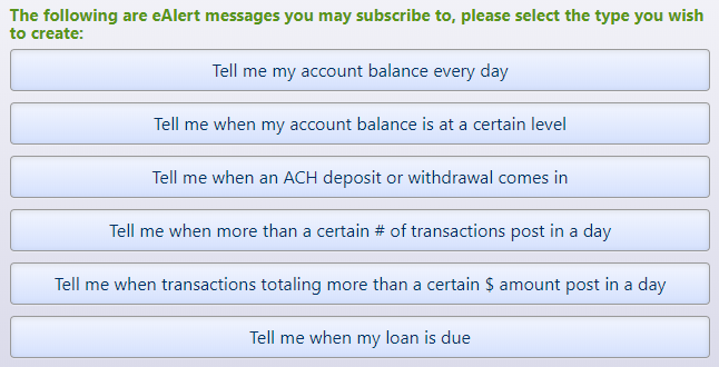 snip from online banking e-alert subscriptions page