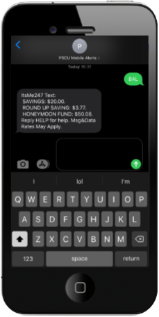 phone with text banking screen shot showing if you text BAL you'll receive a text back with your balances