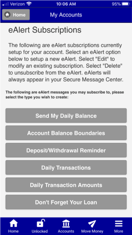 screen shot of e-alerts enrollment screen from mobile app