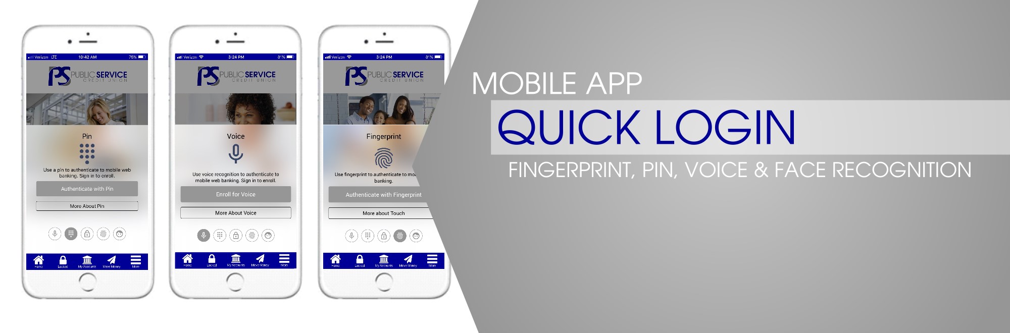 Quick login with pscu mobile app, fingerprint, pin, voice and face recognition- screenshot of app