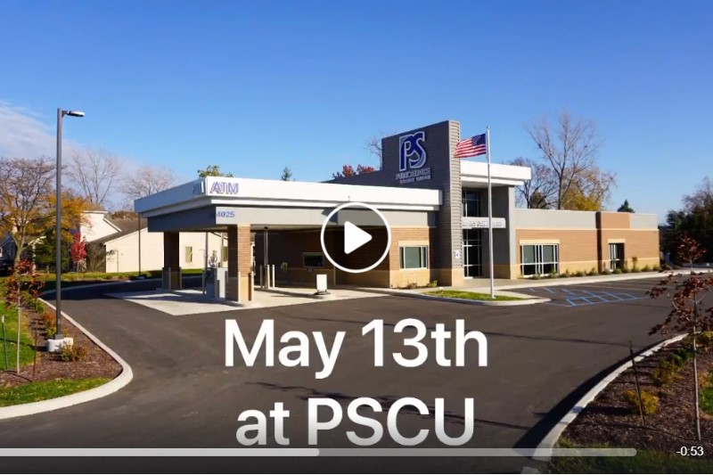 PSCU's jefferson location set as background with words May 13th at PSCU and play button