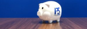 photo of PSCU white piggy bank with blue and grey logo- 2500 points