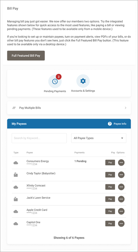 Bill pay integration in online banking with link to full feature billpay