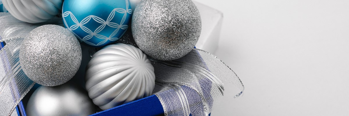 Box of blue and silver holiday ornaments