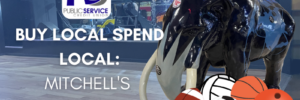 Thumbnail of a BLSL video with a mastodon and sports gear at it's feet. Buy Local Spend Local: Mitchell's Sports and Neighborhood Grill
